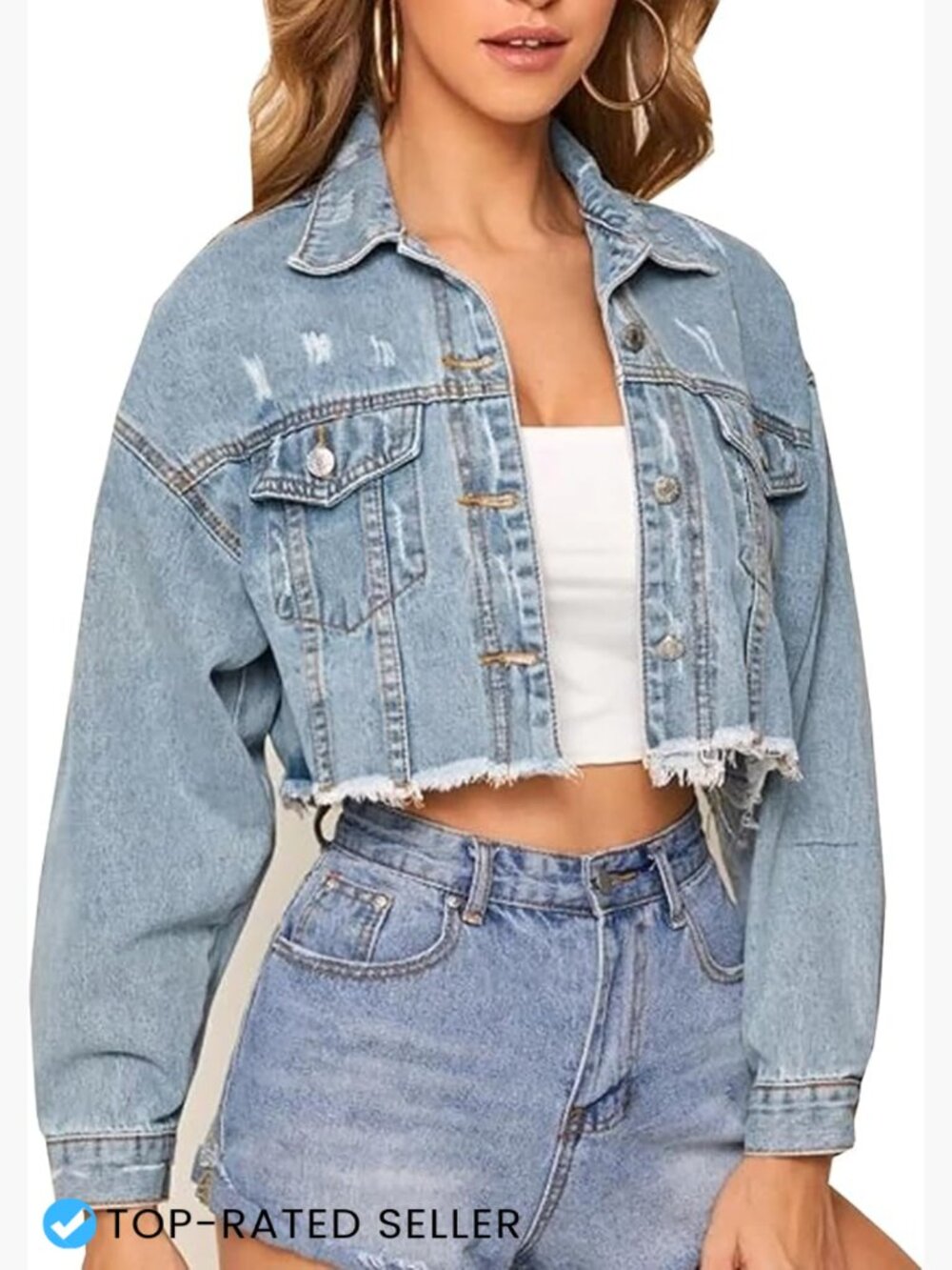 Classic Cropped Distressed Denim Jacket Women Button Down Long Sleeve Jean